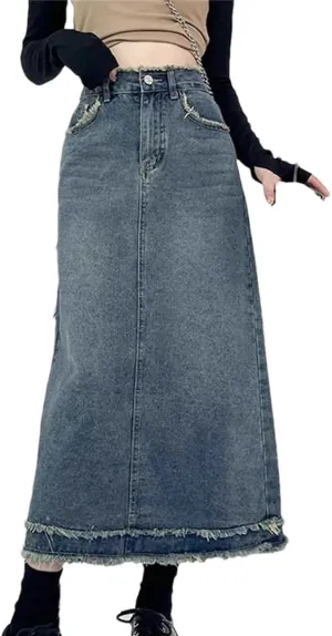 Women's High Waisted Fringed Denim Skirt with 5 Pockets Casual Button Down Knee Length Jean Skirt