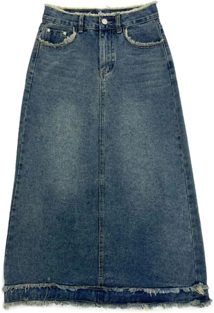 Women's High Waisted Fringed Denim Skirt with 5 Pockets Casual Button Down Knee Length Jean Skirt