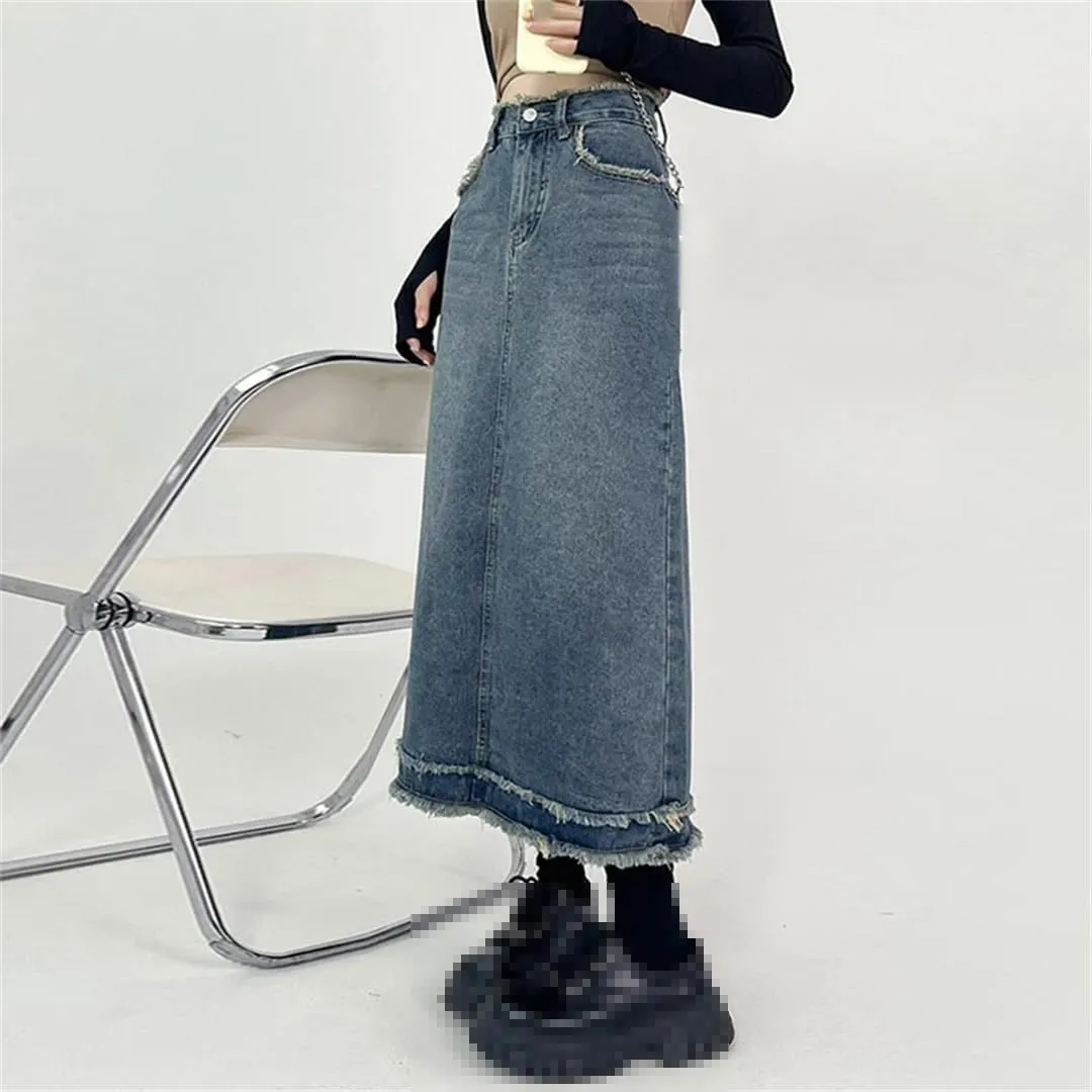 Women's High Waisted Fringed Denim Skirt with 5 Pockets Casual Button Down Knee Length Jean Skirt