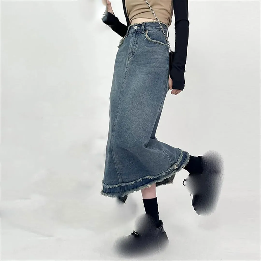 Women's High Waisted Fringed Denim Skirt with 5 Pockets Casual Button Down Knee Length Jean Skirt