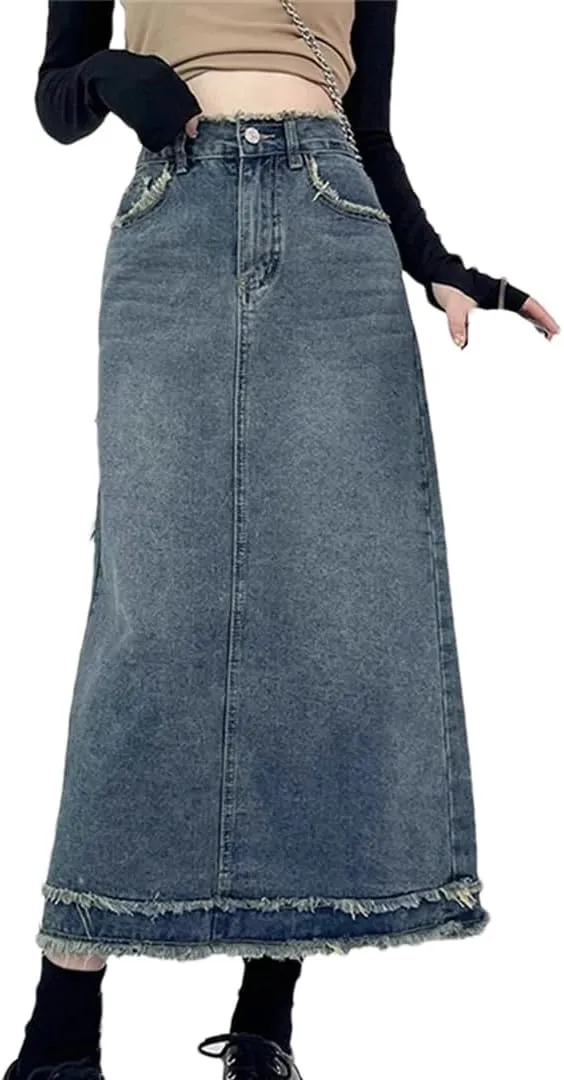 Women's High Waisted Fringed Denim Skirt with 5 Pockets Casual Button Down Knee Length Jean Skirt