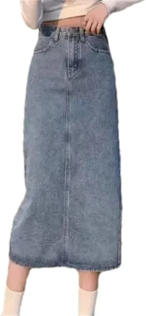 Women's High-Waisted Side Slit Denim Skirt  Spring Summer A-Line Medium-Length Bodycon for Petite Fit