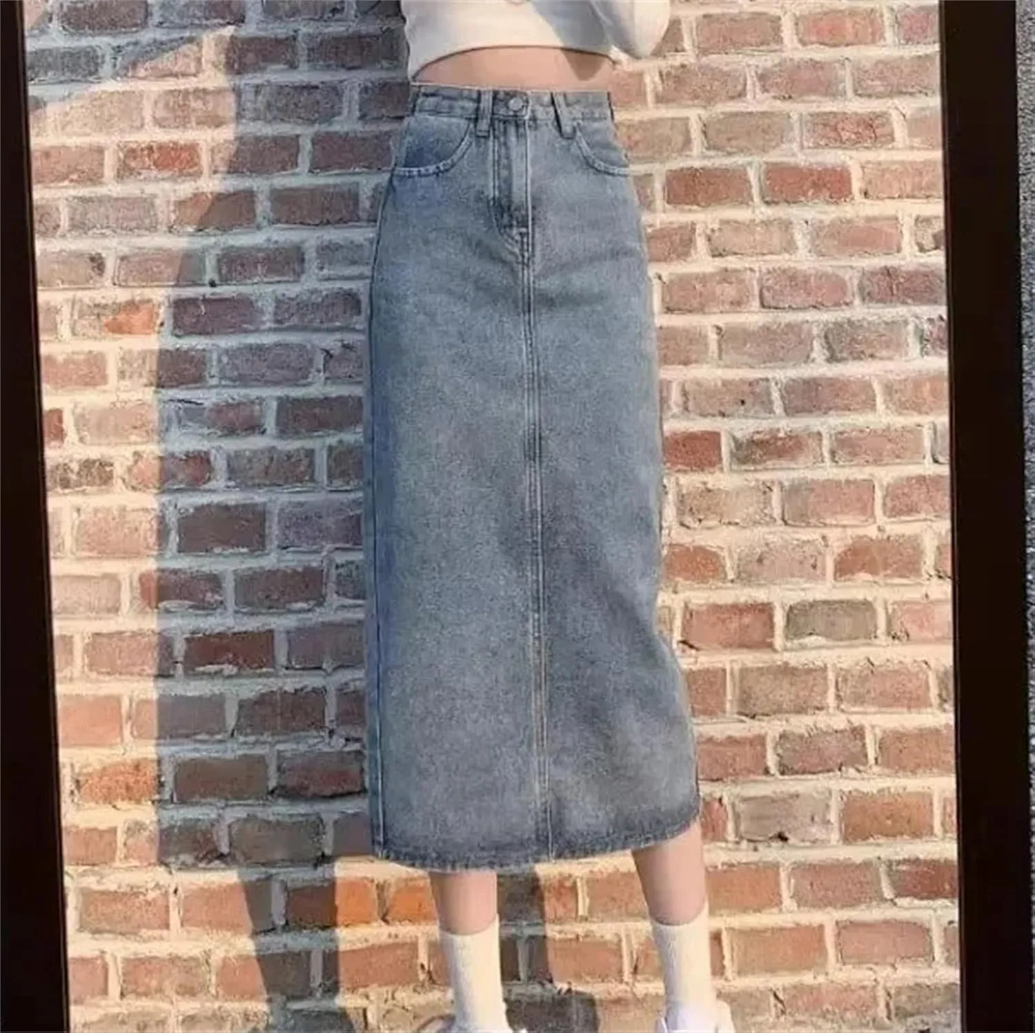 Women's High-Waisted Side Slit Denim Skirt  Spring Summer A-Line Medium-Length Bodycon for Petite Fit