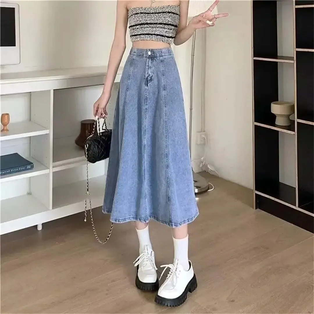 Women's High-Waisted Slimming Denim Skirt Long A- Line Umbrella Plus Size Medium-Length Skirt