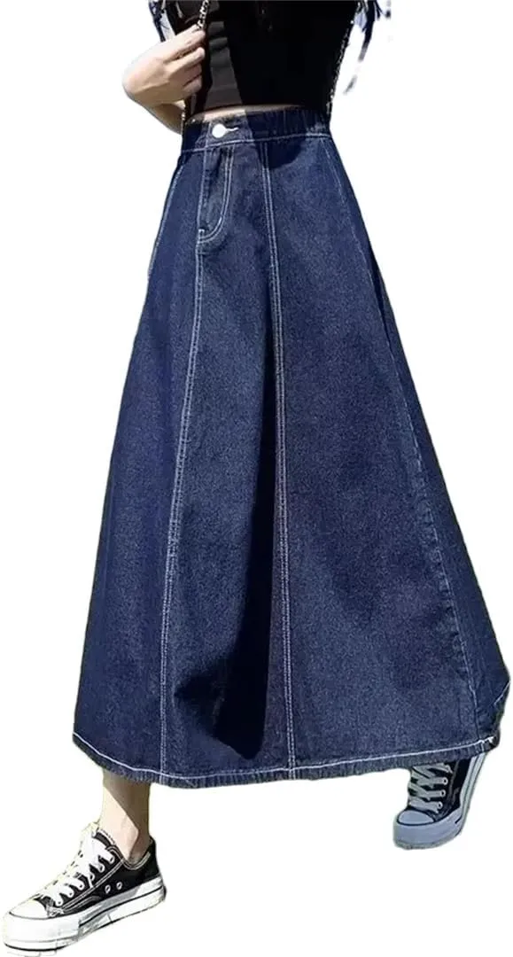 Women's High-Waisted Slimming Denim Skirt Long A- Line Umbrella Plus Size Medium-Length Skirt
