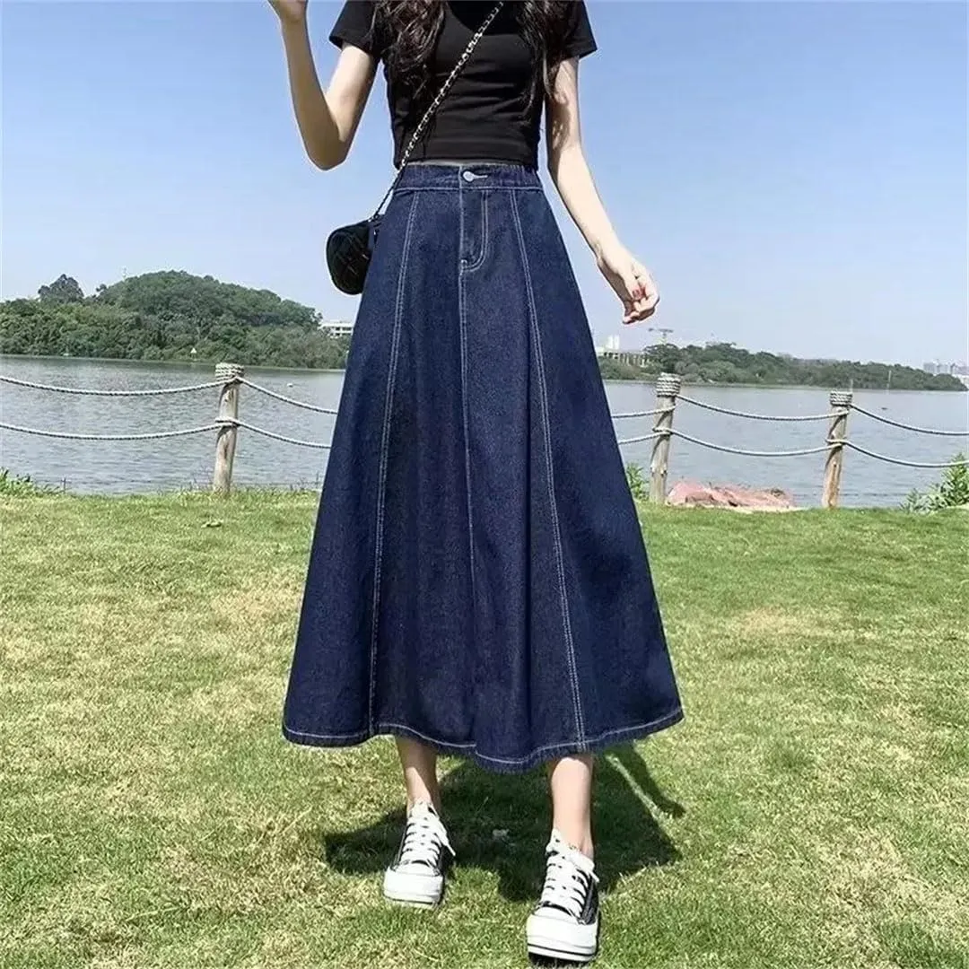Women's High-Waisted Slimming Denim Skirt Long A- Line Umbrella Plus Size Medium-Length Skirt