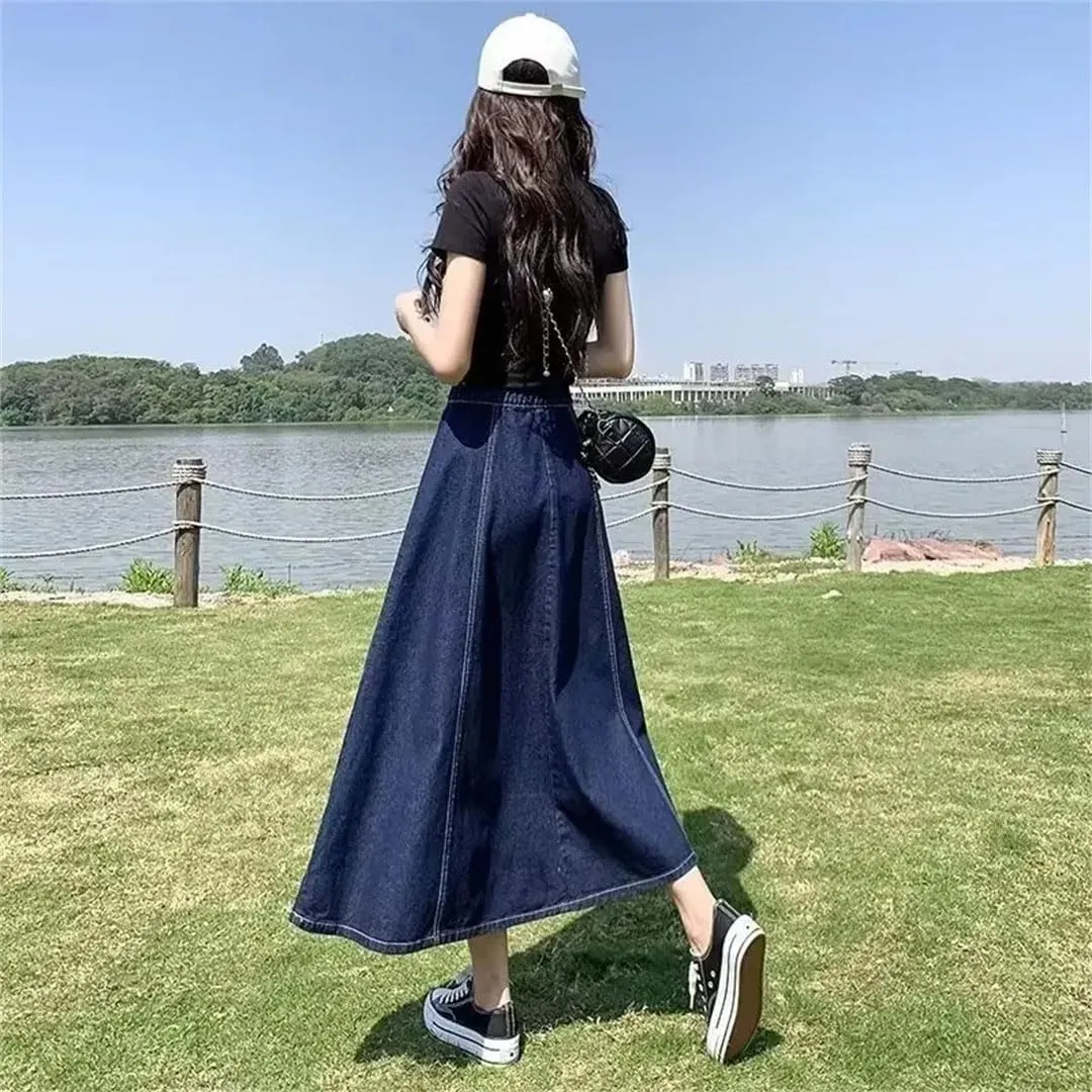 Women's High-Waisted Slimming Denim Skirt Long A- Line Umbrella Plus Size Medium-Length Skirt