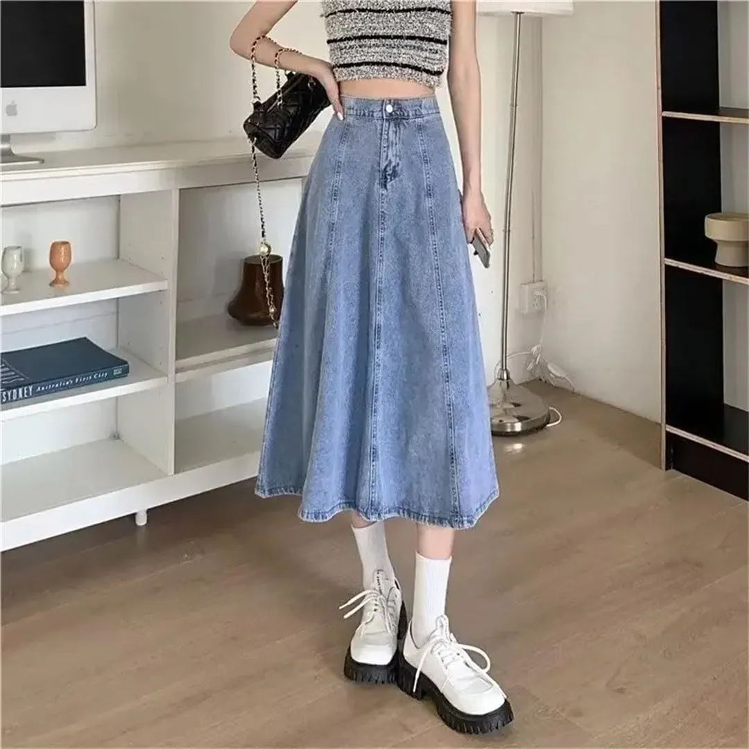 Women's High-Waisted Slimming Denim Skirt Long A- Line Umbrella Plus Size Medium-Length Skirt