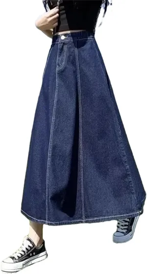Women's High-Waisted Slimming Denim Skirt Long A- Line Umbrella Plus Size Medium-Length Skirt