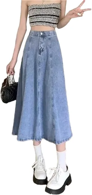 Women's High-Waisted Slimming Denim Skirt Long A- Line Umbrella Plus Size Medium-Length Skirt