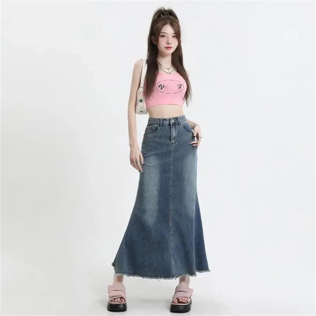Women's High-Waisted Slimming Denim Style Slim Fit Medium Length Skirt