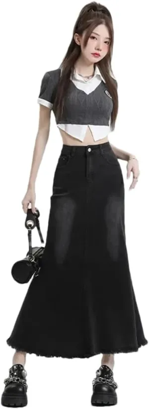 Women's High-Waisted Slimming Denim Style Slim Fit Medium Length Skirt