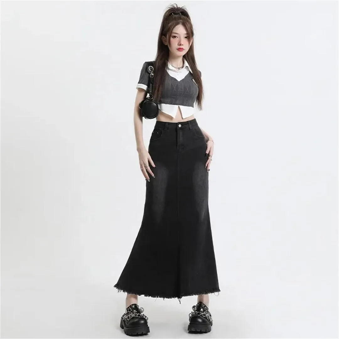 Women's High-Waisted Slimming Denim Style Slim Fit Medium Length Skirt