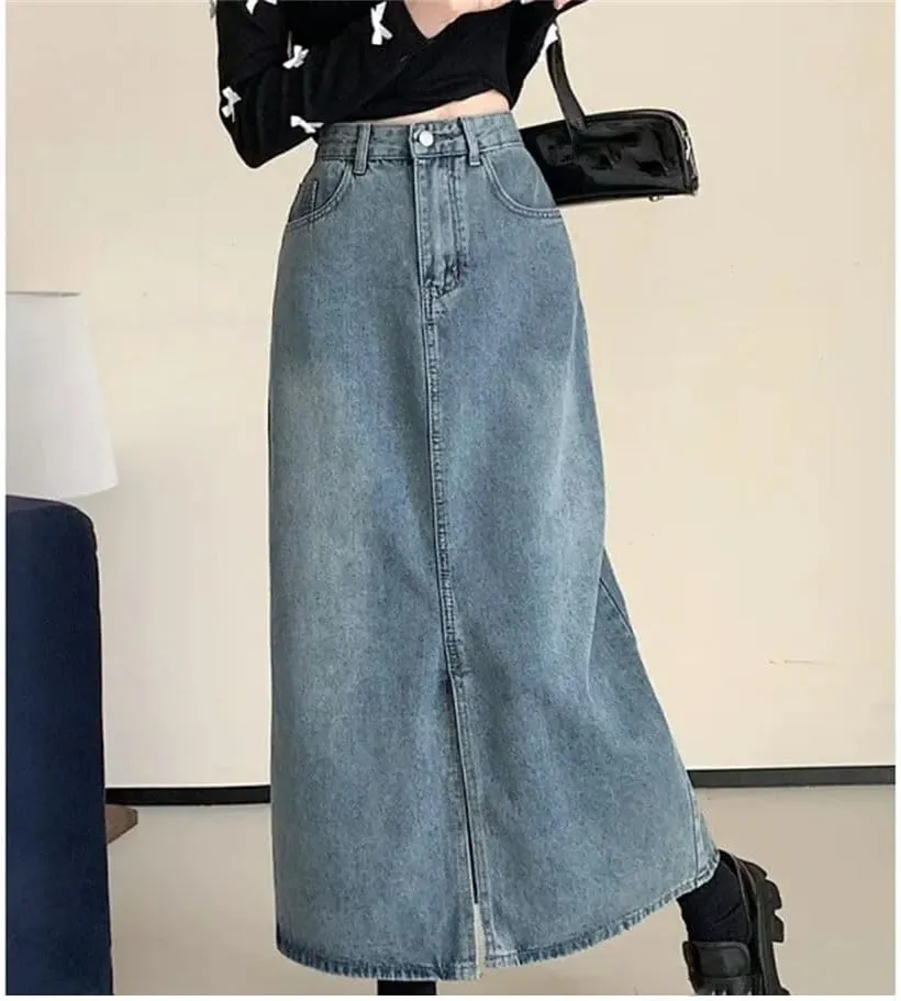 Women's High Waisted Slimming Medium-Length Side Slit Skirt