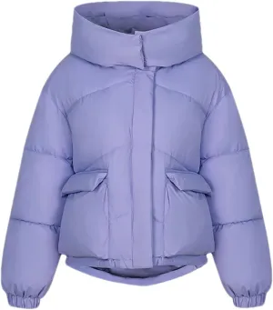 Women's Hooded Stand Collar Cotton-Padded Jacket Casual Short Pocket Button Parka Coat