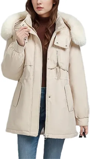 Women's Hooded Stand Collar Cotton-Padded Jacket Thicken Casual Drawstring Parka Coat