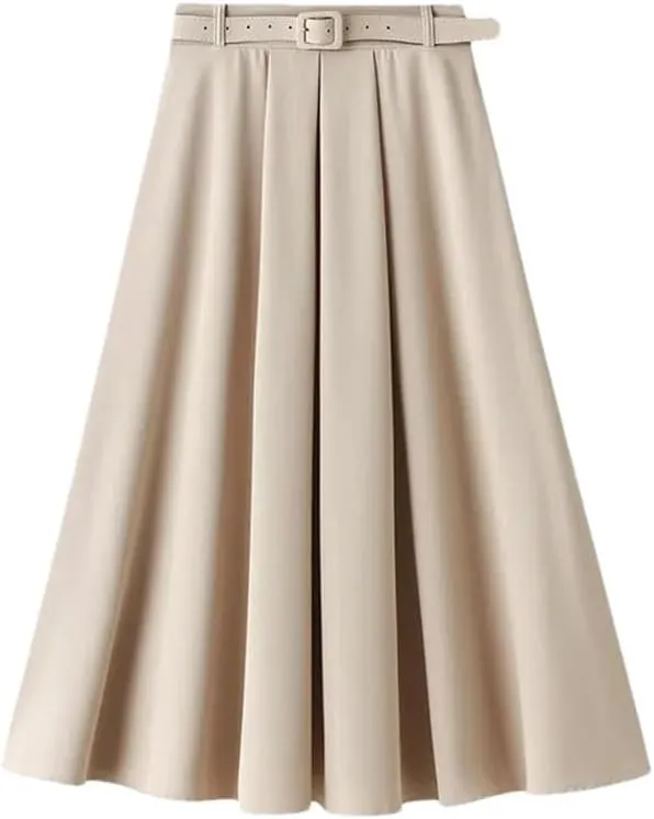 Women's Korean Style Spring High Waist A - Line Midi Skirt with Belt Women Elegant Long Skirt