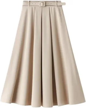Women's Korean Style Spring High Waist A - Line Midi Skirt with Belt Women Elegant Long Skirt