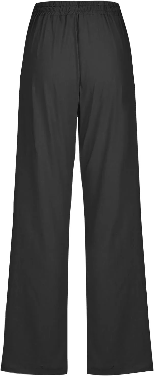 Womens Linen Cotton Solid Pants Drawstring Elastic Waisted Straight Leg Pant Summer Travel Casual Trousers