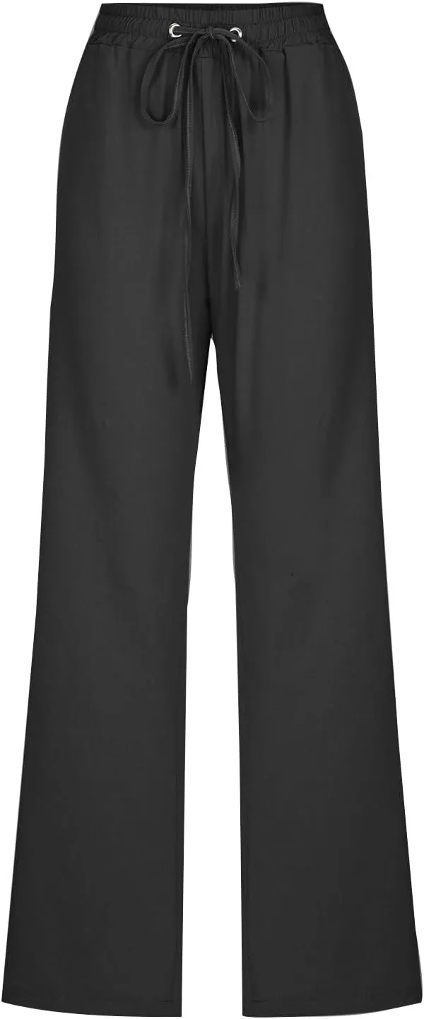 Womens Linen Cotton Solid Pants Drawstring Elastic Waisted Straight Leg Pant Summer Travel Casual Trousers