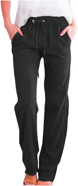 Womens Linen Cotton Solid Pants Drawstring Elastic Waisted Straight Leg Pant Summer Travel Casual Trousers
