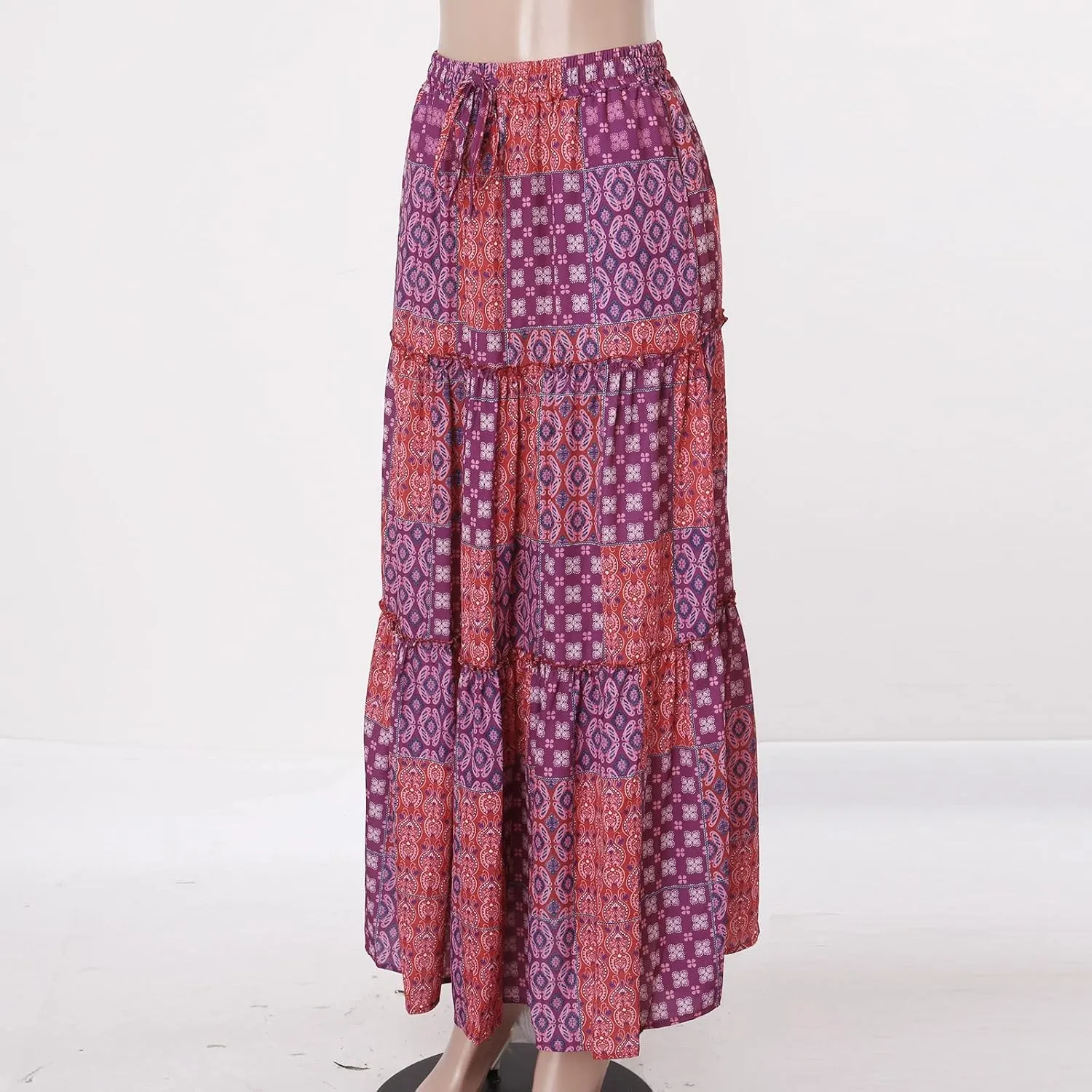 Womens Loose Long Boho Flowers High Elastic Waist with Pockets and Belt Maxi Skirt Pleated Jean Skirt for (Purple, L)