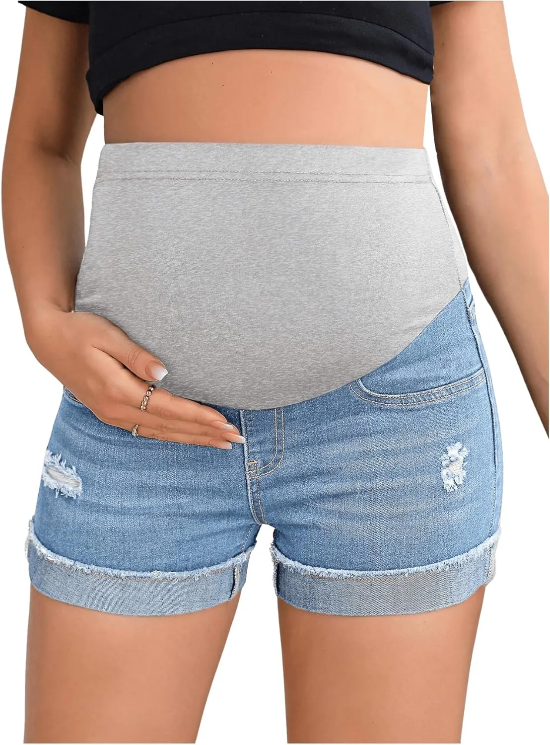 Women's Maternity Adjustable High Waist Ripped Roll Up Hem Denim Mini Shorts with Pocket