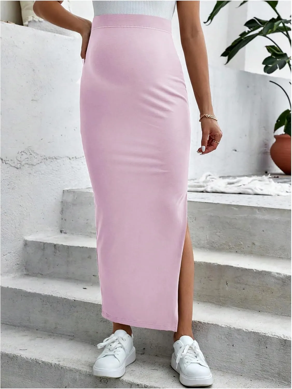 Women's Maternity Long Skirt High Waist Split Thigh Pregnancy Casual Bodycon Skirts