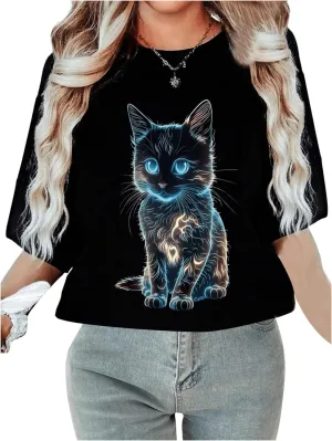 Women's Plus Size Cartoon Printed Cute T-Shirt Crew Neck Short Sleeve Summer Tops