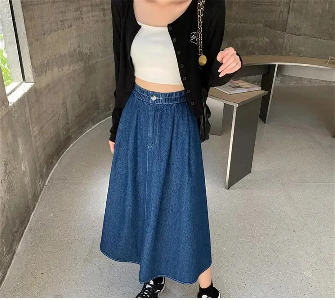 Women's Plus Size High-Waisted A- Line Denim Skirt Loose Fit Long Medium-Length Style Dress