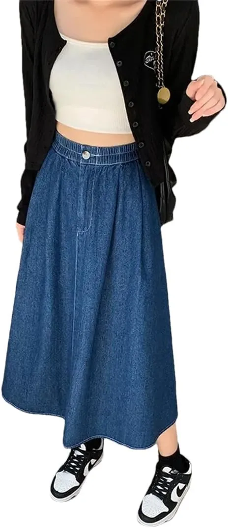Women's Plus Size High-Waisted A- Line Denim Skirt Loose Fit Long Medium-Length Style Dress