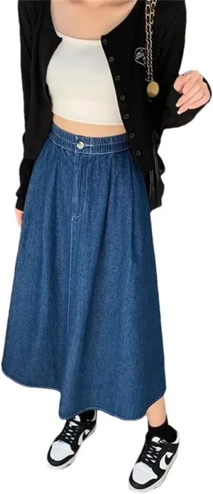 Women's Plus Size High-Waisted A- Line Denim Skirt Loose Fit Long Medium-Length Style Dress