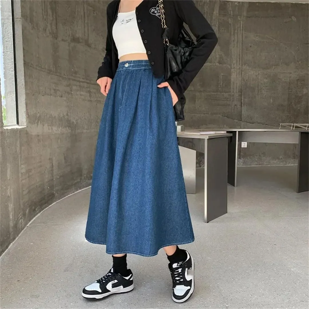 Women's Plus Size High-Waisted A- Line Denim Skirt Loose Fit Long Medium-Length Style Dress