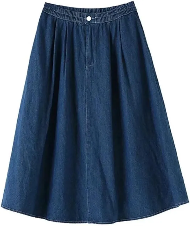 Women's Plus Size High-Waisted A- Line Denim Skirt Loose Fit Long Medium-Length Style Dress