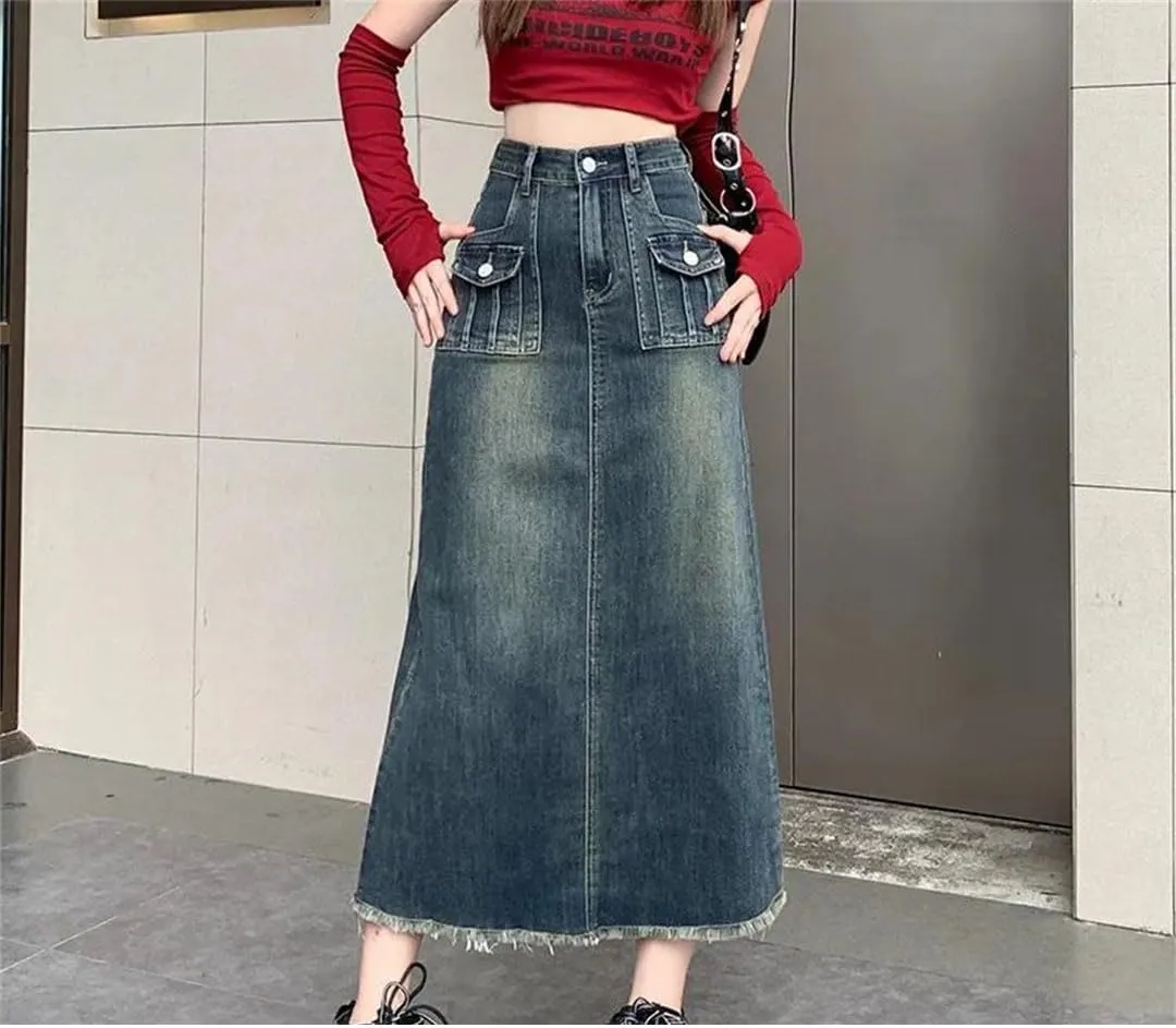 Women's Plus Size High-Waisted Slimming Denim A- Line Vintage Fringe Style Skirt