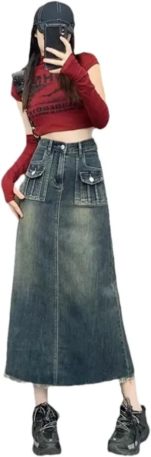 Women's Plus Size High-Waisted Slimming Denim A- Line Vintage Fringe Style Skirt
