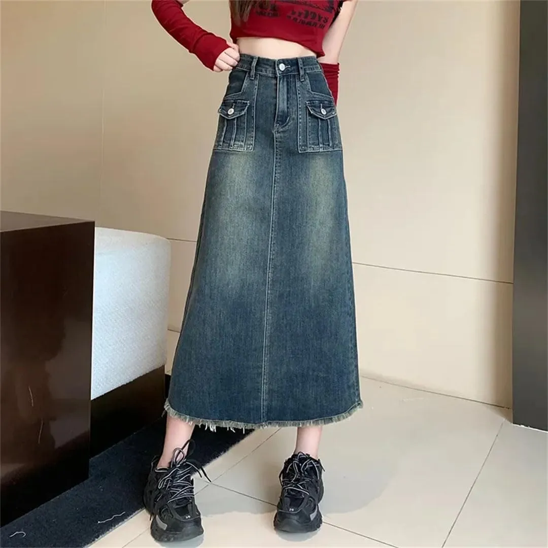 Women's Plus Size High-Waisted Slimming Denim A- Line Vintage Fringe Style Skirt