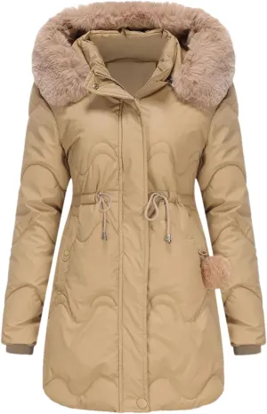 Women's Plush Hooded Collar Cotton-Padded Jacket Casual Drawstring Waist Pockets Parka Coat