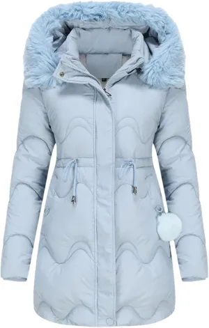 Women's Plush Hooded Collar Cotton-Padded Jacket Casual Drawstring Waist Pockets Parka Coat