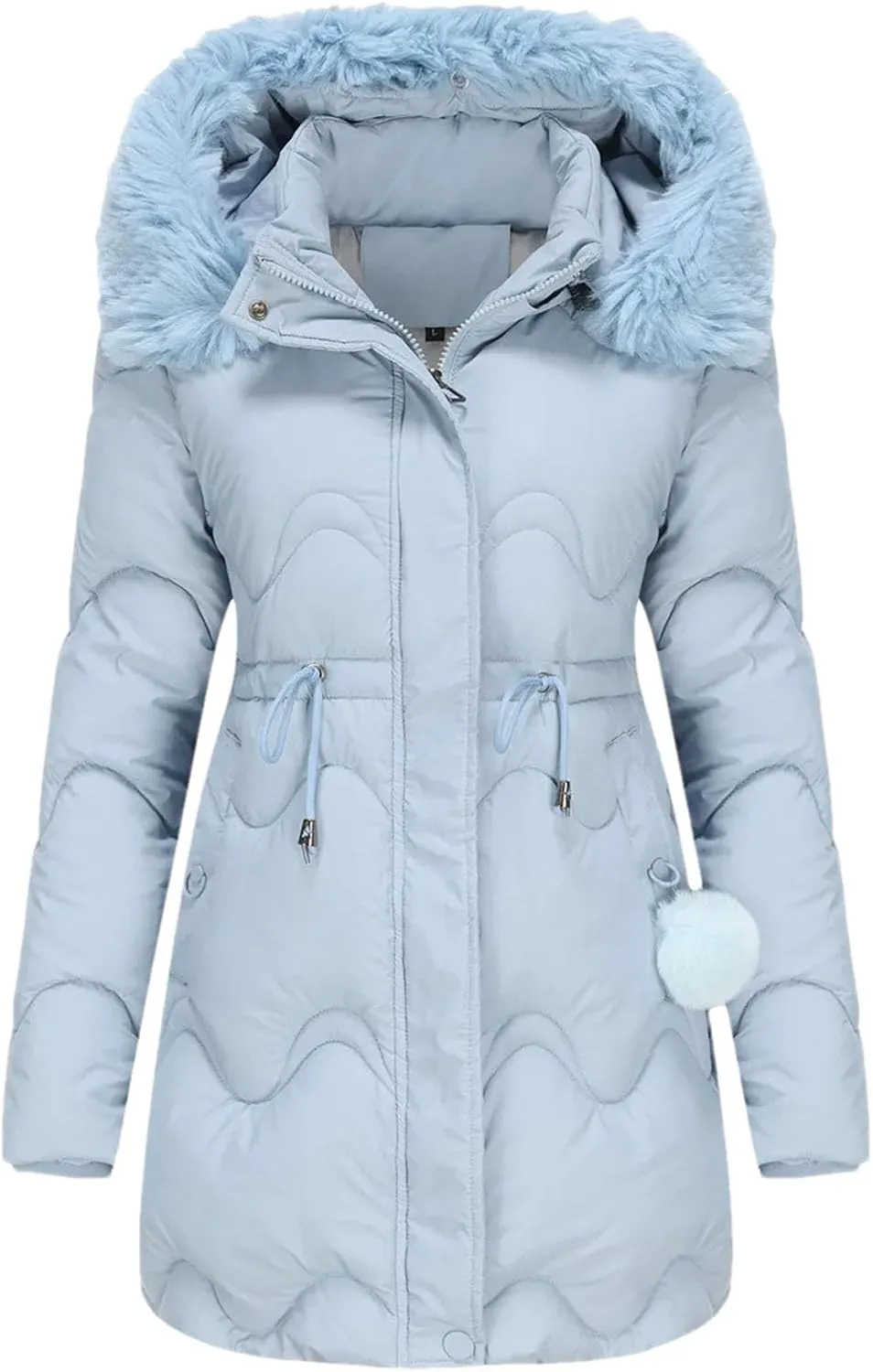 Women's Plush Hooded Collar Cotton-Padded Jacket Casual Drawstring Waist Pockets Parka Coat