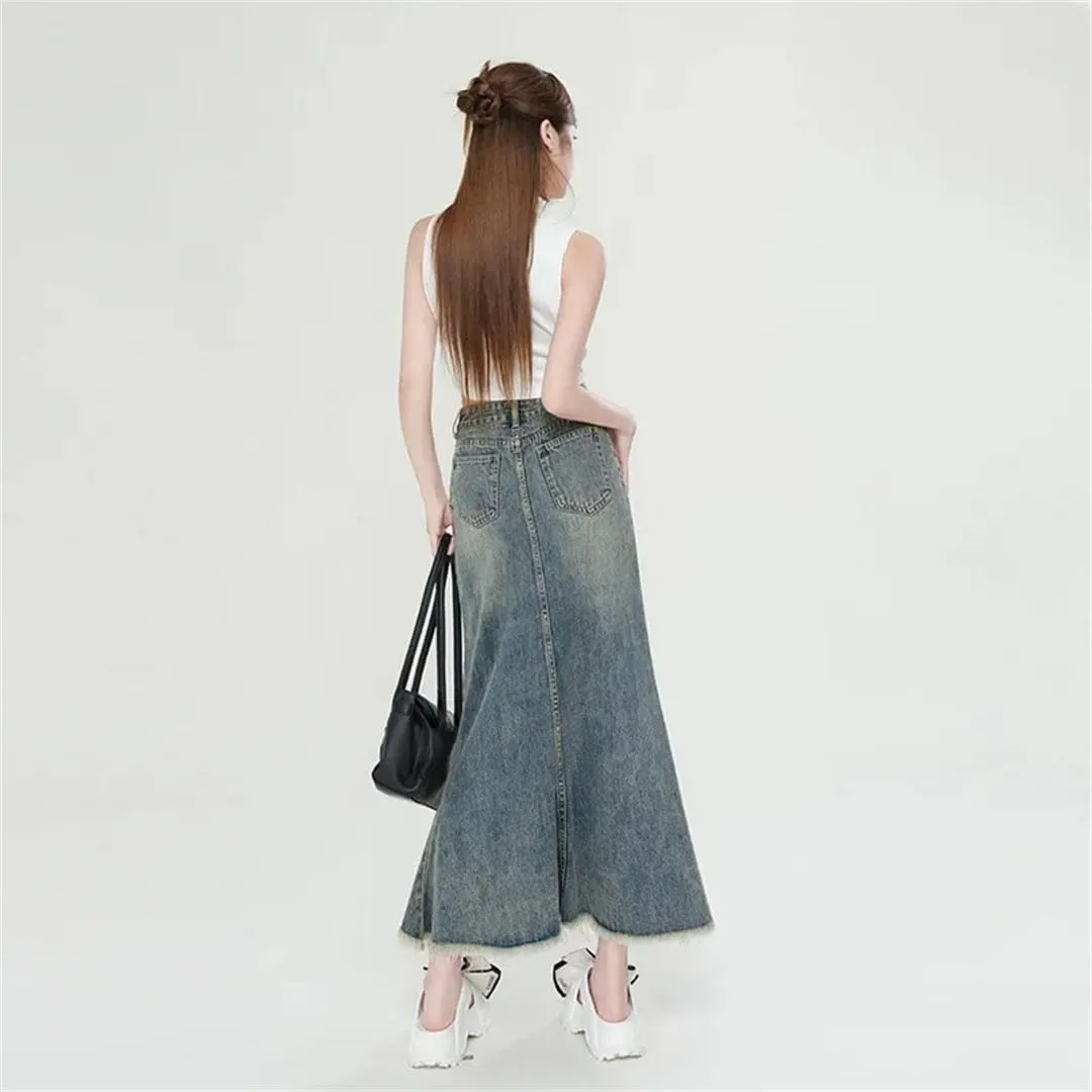 Women's Pocket Design High-Waisted Denim Loose-Fit Slimming Mid-Length Skirt