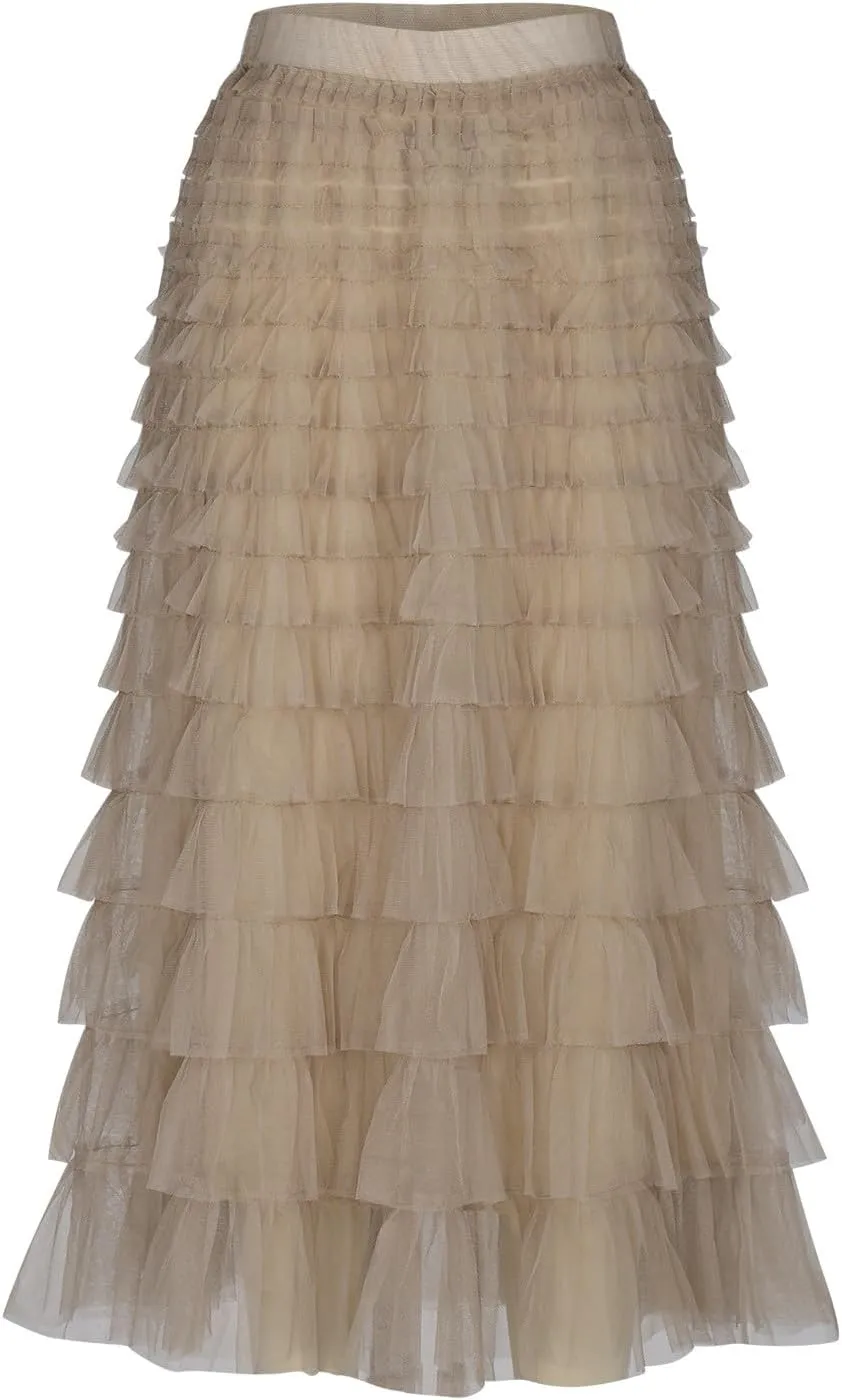 Women's Ruffle Layered Midi Skirts High Waist Elegant Mid Calf Length Skirt Solid A Line Cake Skirts Work Outfits