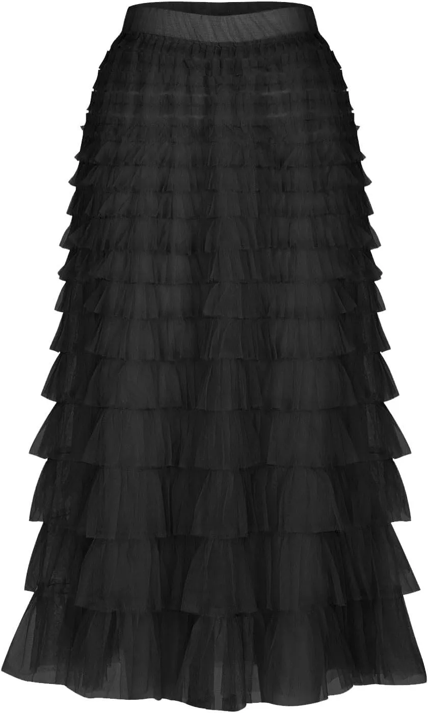 Women's Ruffle Layered Midi Skirts High Waist Elegant Mid Calf Length Skirt Solid A Line Cake Skirts Work Outfits