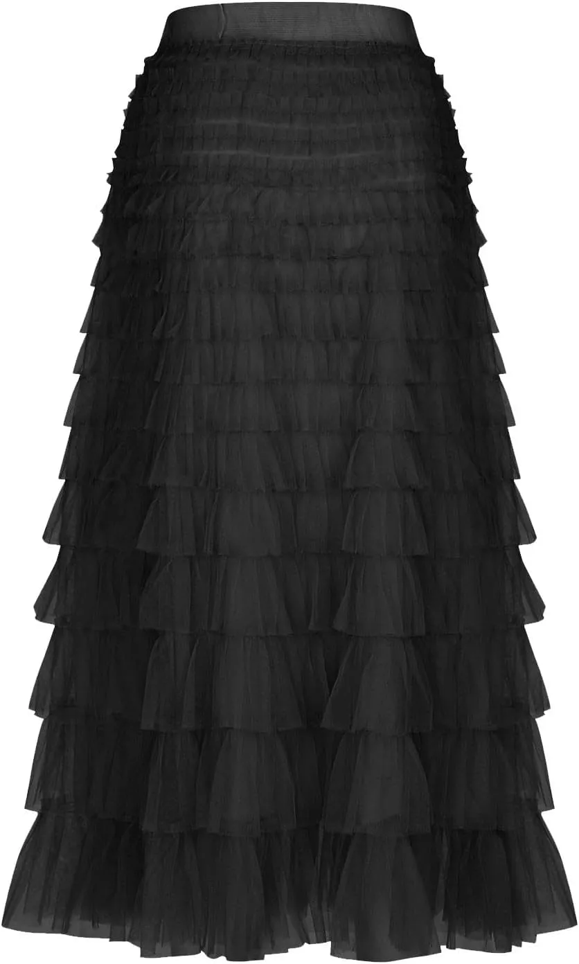 Women's Ruffle Layered Midi Skirts High Waist Elegant Mid Calf Length Skirt Solid A Line Cake Skirts Work Outfits