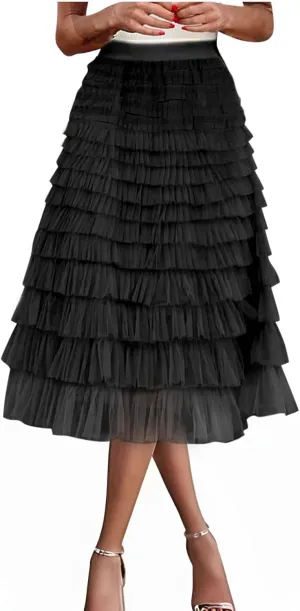 Women's Ruffle Layered Midi Skirts High Waist Elegant Mid Calf Length Skirt Solid A Line Cake Skirts Work Outfits