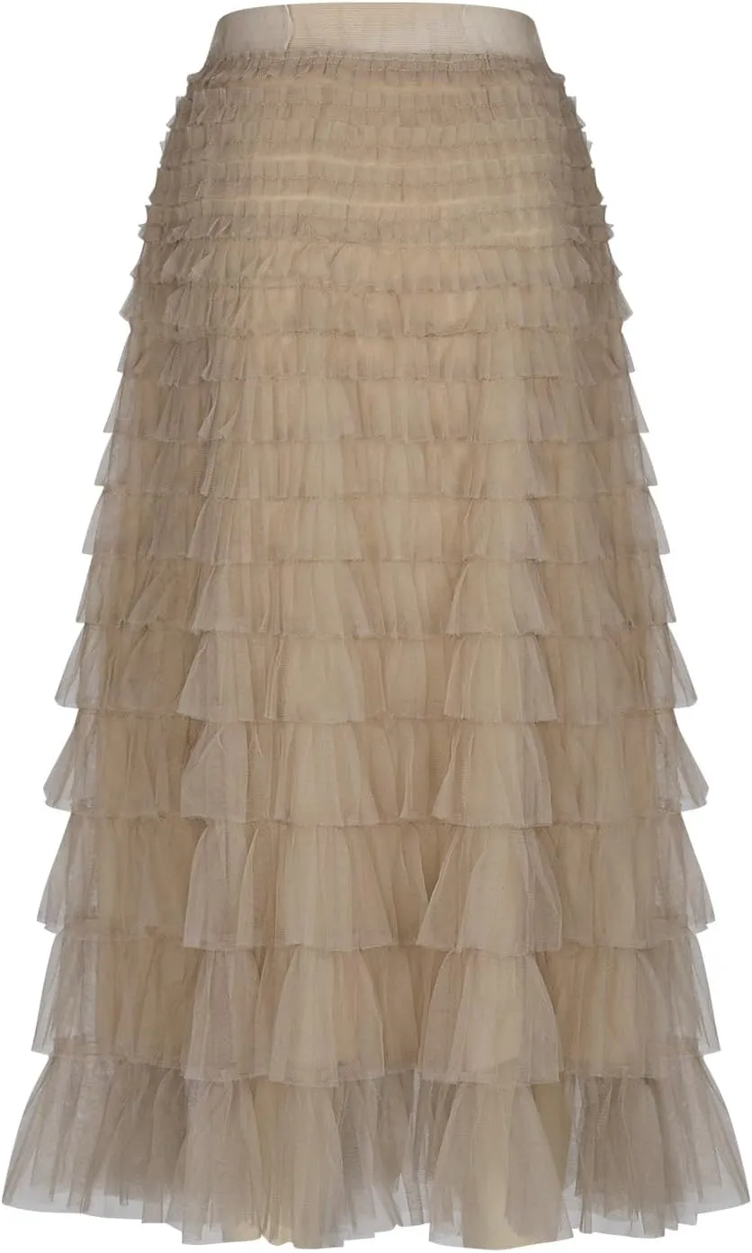 Women's Ruffle Layered Midi Skirts High Waist Elegant Mid Calf Length Skirt Solid A Line Cake Skirts Work Outfits