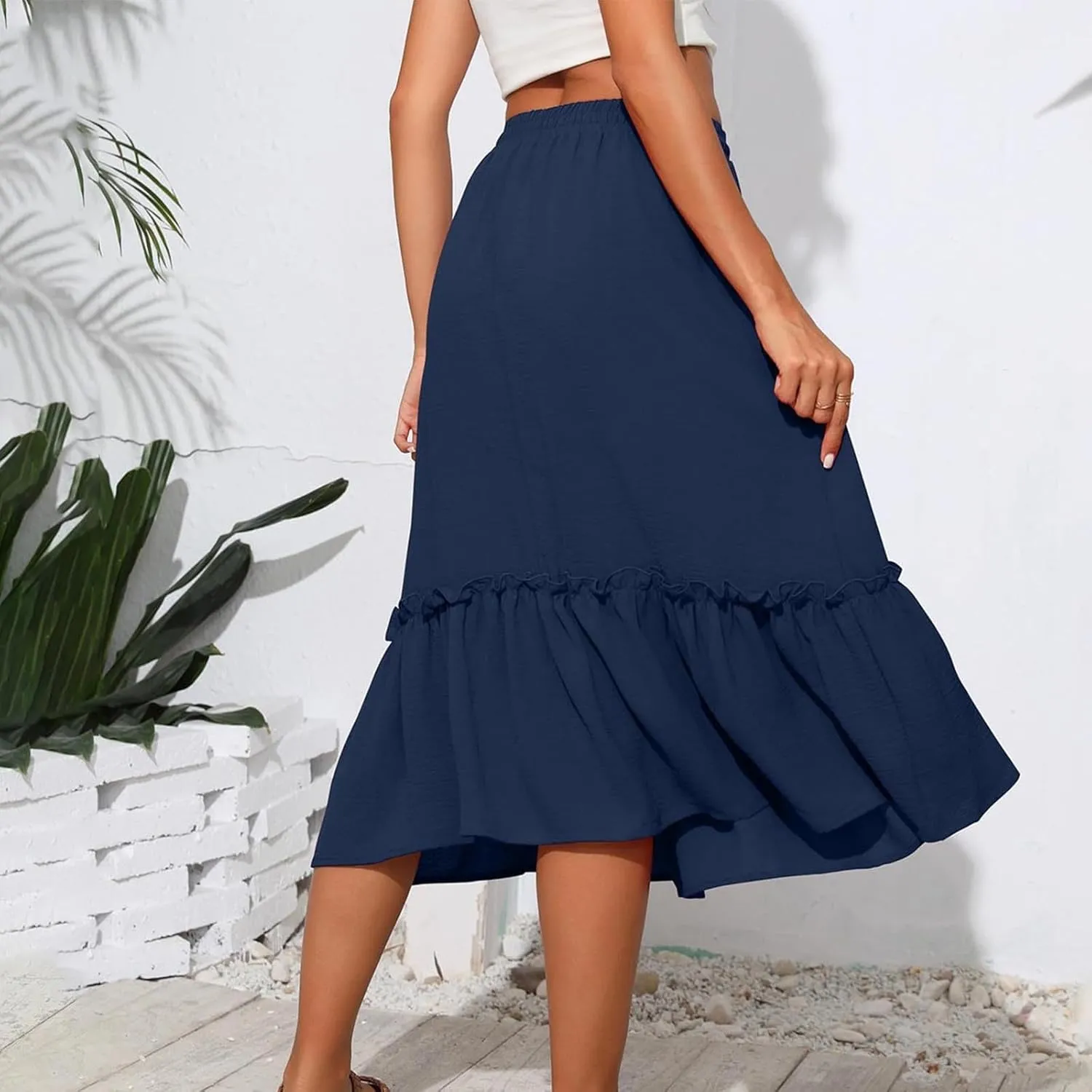 Womens Ruffle Skirts with Pockets, Ladies Summer Casual Beach Skirt Bohemian Mid Calf Length Skirts 2025 Trendy