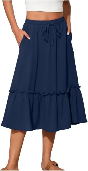 Womens Ruffle Skirts with Pockets, Ladies Summer Casual Beach Skirt Bohemian Mid Calf Length Skirts 2025 Trendy