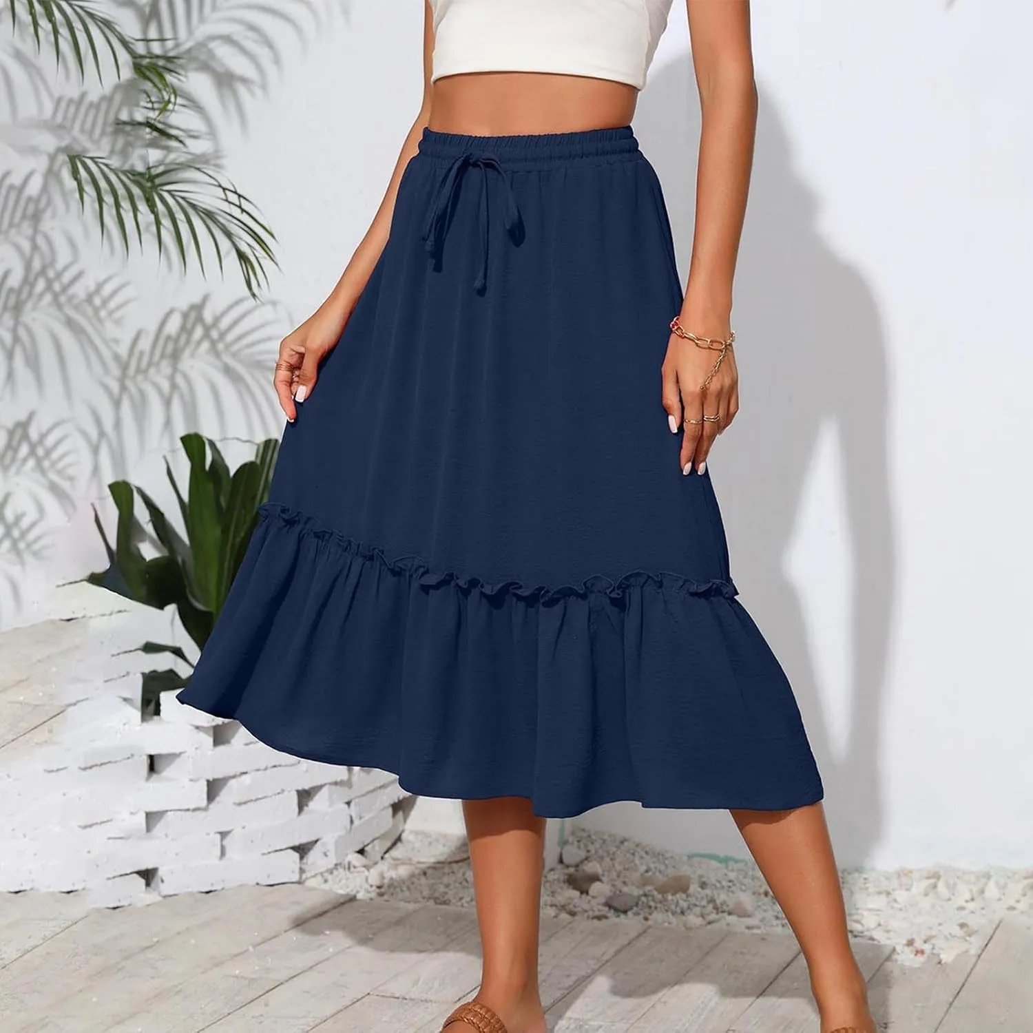 Womens Ruffle Skirts with Pockets, Ladies Summer Casual Beach Skirt Bohemian Mid Calf Length Skirts 2025 Trendy