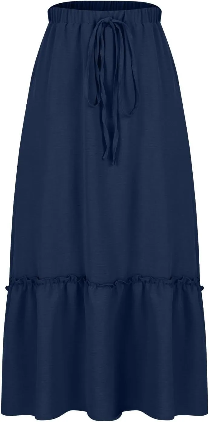 Womens Ruffle Skirts with Pockets, Ladies Summer Casual Beach Skirt Bohemian Mid Calf Length Skirts 2025 Trendy